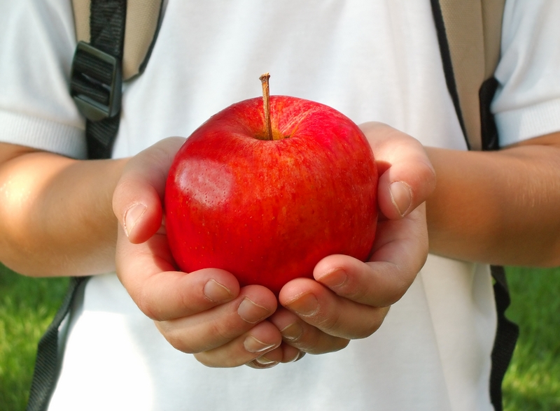 Boy holding a red apple